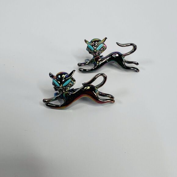 Vintage Iridescent Metallic Blue Eyes Pair Of Cat Pin Brooches MCM - Picture 1 of 10